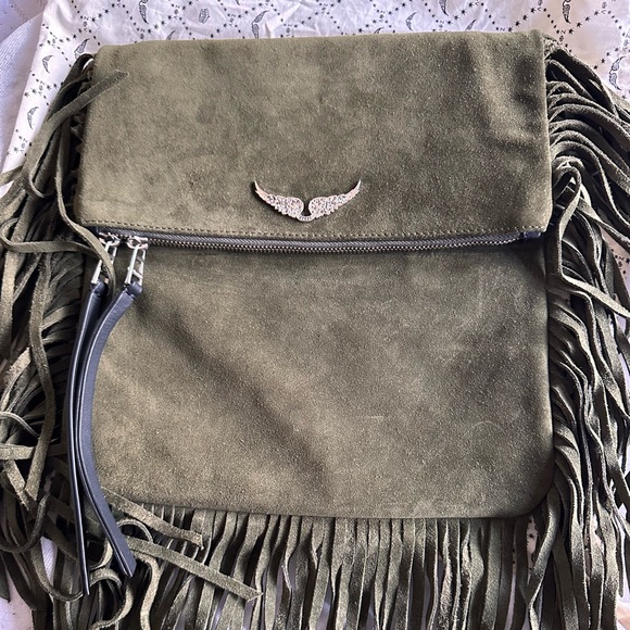 Zadig & Voltaire Rockson Fringes Suede Crossbody Boho Bag military green - Picture 5 of 8